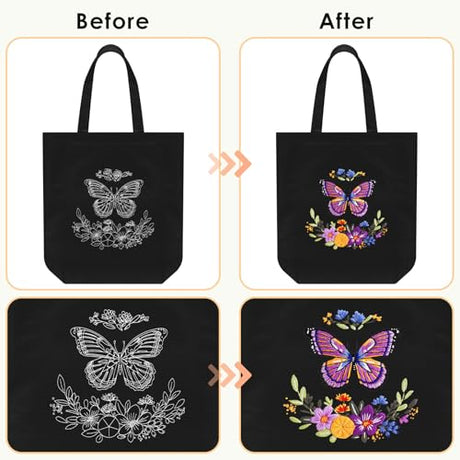 ERKOON Canvas Tote Bag Embroidery Kit for Beginners, Needlepoint Arts Crafts Cross Stitch Kits for Adults Including Stamped Embroidery Bag with Hoops, Needle, Instruction and Color Threads (Butterfly) ERKOON