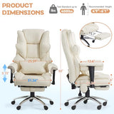 Mvpipi Massage Office Chair with Foot Rest, Ergonomic Executive Heated Office Chair with Reclining Backrest, Adjustable Arms and Lumbar Support, High Back Leather Desk Chairs for Home Office, Beige Mvpipi
