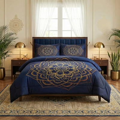 WeCozy Queen Size Comforter Set with 2 Pillowcases, Navy Blue Boho Gold Mandala Soft 3 Pcs Bedding for Kids and Adults Bedroom Bed Decor