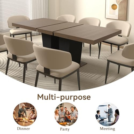 KUVADAZ 78.74" Extendable Dining Room Table for 6 8 10, Modern Farmhouse Wooden Long Large Rectangular Expanding Conference Kitchen Table with Dual Columns Base, Brown+Black KUVADAZ