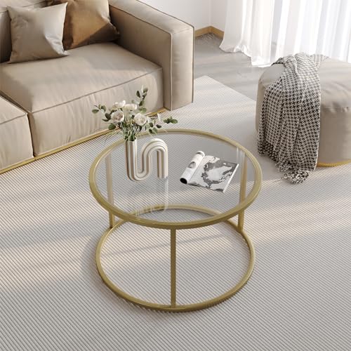 SAYGOER Small Glass Coffee Table Round Gold Coffee Table for Small Space Modern Simple Center Table with Gold Frame for Living Room Home Office, Easy Assembly SAYGOER