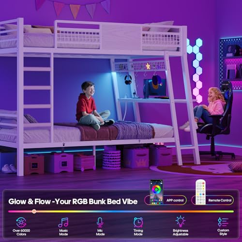 HAUOMS Bunk Bed for Small Space, Twin Over Twin Bunk Beds with Desk, Power Outlets, RGB LED Lights, Storage, Metal Beds with Safety Guardrail & Ladders, No Box Spring Needed (White, No Drawer) HAUOMS