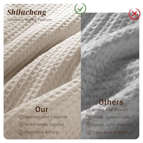 Shilucheng Waffle Cotton King Size Comforter Set - 3 Piece Bedding Set with Comforter and 2 Pillow Shams, Soft & Breathable All-Season Waffle Weave Comforter, Machine Washable, Beige Shilucheng