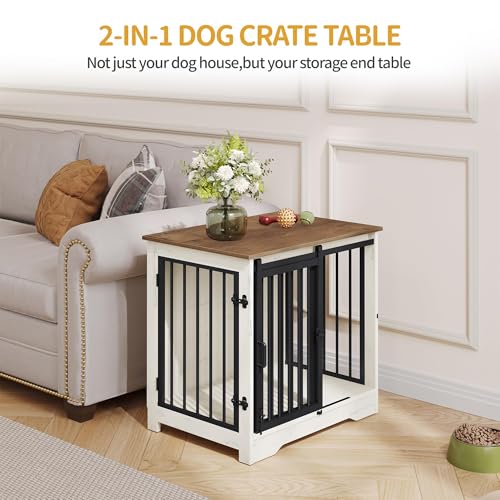 Hzuaneri 27.2" Dog Crate Furniture with Barn Door, Heavy Duty Dog Kennel Indoor with 2 Doors, Wooden Pet Cage End Table for Small Medium Dogs up to 22 lb, Anti-Chew Anti-Escape, White Brown DFC84314B Hzuaneri