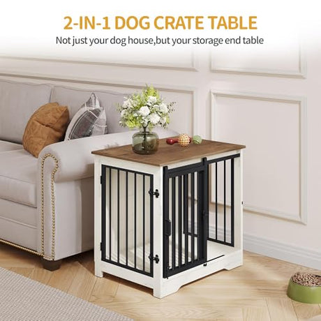 Hzuaneri 27.2" Dog Crate Furniture with Barn Door, Heavy Duty Dog Kennel Indoor with 2 Doors, Wooden Pet Cage End Table for Small Medium Dogs up to 22 lb, Anti-Chew Anti-Escape, White Brown DFC84314B Hzuaneri