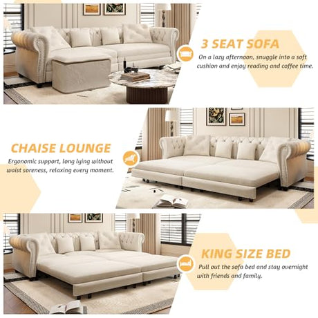Tabaray 89'' Pull Out Sofa Bed King, Chesterfield Velvet Sleeper Sofa, Convertible L-Shaped Futon Couch, Tufted Back, 4 Pillows, Ottoman, Deep Seat Loveseat Couches for Living Room, Apartment, Beige Tabaray