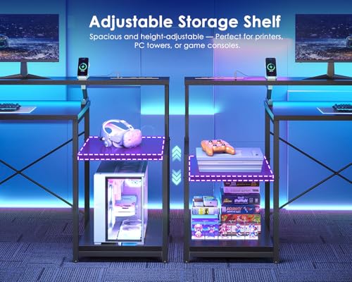 ODK 55 Inch Computer Gaming Desk with Power Outlets & 4 Drawers, Home Office Desk with Monitor Stand & Printer Shelves, Black ODK