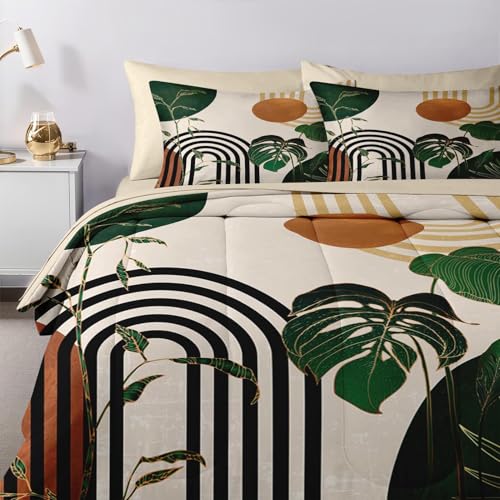 Nesker Comforter Set King Size, Modern Abstract Geometric Minimalist 7 Pcs Bedding for Kids and Adults, Green Boho Mid Century Bed Sheet Sets with Fitted Sheet 2 Pillowcases & 2 Shams Nesker