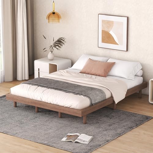 Dolonm Queen Size Modern Low Profile Floating Bed Frame in Walnut - WoodArtSupply