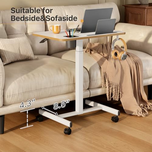 Liftsync Mobile Standing Desk, Rolling Laptop Cart Adjustable Height with Cup Holder, 28 inch Portable Table with 4 Lockable Wheels, White Computer Workstation with Hook and Slots for Home Office Liftsync