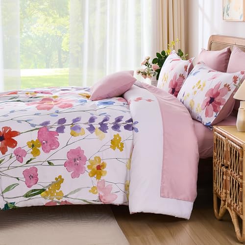 Annibedding Pink Floral King Size Comforter Set, 8 Piece Soft Microfiber Flower Bed in a Bag Bedding Set with Pillowcase and Sheets for All Season (Pink,90"x104") Anibedding