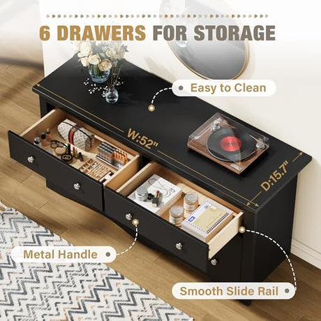 YESHOMY Dresser for Bedroom with 6 Drawers, Modern Chest of Drawers, Wooden Dressers, TV Stand for Living Room,Closet, Hallway (Black) YESHOMY