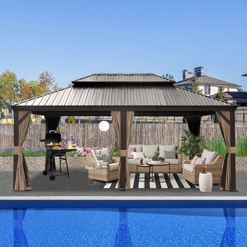 Domi Hardtop Gazebo 14x20FT, Outdoor Gazebo with Galvanized Steel Double Roof, Aluminum Frame, Built-in Gutter System, Curtain and Netting, Metal Gazebo Pavilion for Patio Deck Garden, Brown domi outdoor living
