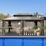 Domi Hardtop Gazebo 14x20FT, Outdoor Gazebo with Galvanized Steel Double Roof, Aluminum Frame, Built-in Gutter System, Curtain and Netting, Metal Gazebo Pavilion for Patio Deck Garden, Brown domi outdoor living