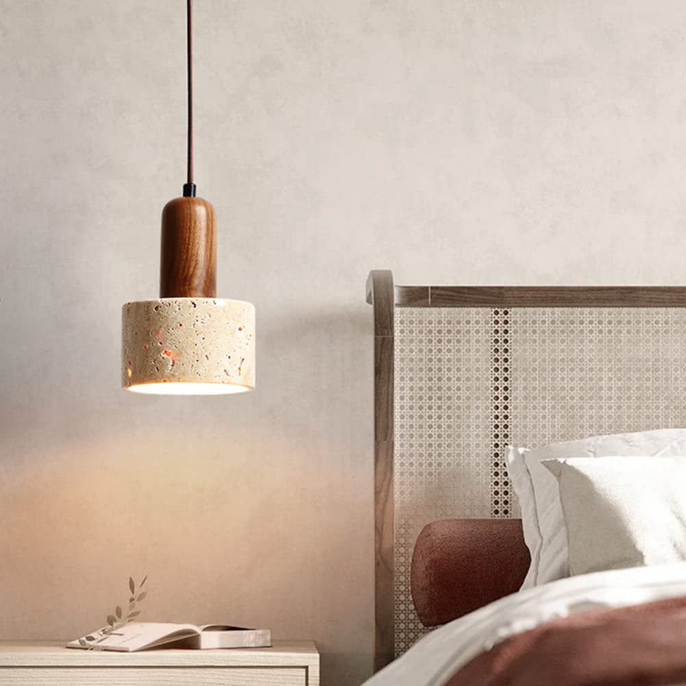 SEEAIRSHOP Natural Stone Shade Cylinder Pendant Light Walnut Wood Hainging Light Kit Retro Mini Pendant Lamp Nordic Pendant Lighting for Kitchen Island SEEAIRSHOP