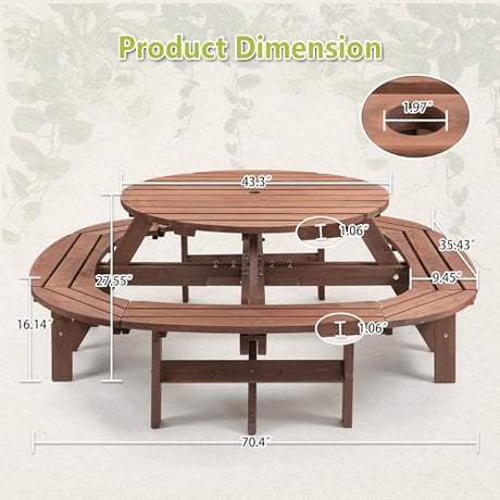 RocVanc 8-12 Person Outdoor Round Wooden Picnic Table with 8 Built-in Benches, Umbrella Hole, Lifetime Outside Table and Bench Set for Garden, Backyard, Porch, Patio and Deck RocVanc