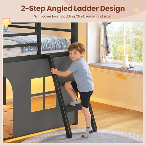 ADORNEVE Low Loft Bed Twin Size with Tent, 5 Storage Drawers, LED Lights, Metal Kids Loft Bed with Bookcase & Under-Bed Play Space,Twin Loft Beds with 13.8''H Safety Guardrail,Inclined Ladder, Black ADORNEVE