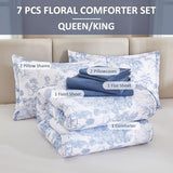 DJY Blue Comforter Set King, 7 Pieces Bed in a Bag King Size Botanical Comforters with Sheets Elegant Plants Print Soft Microfiber Reversible Complete Bedding Sets for All Season DJY