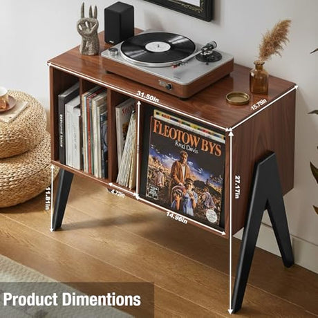 Record Player Stand with Vinyl Storage Cabinet, 32'' Mid Century Modern Turntable Console Table for Albums Display, Heavy-Duty Media Audio Bookshelf for Speakers & Stereo, Black Walnut Wood FurnPulse