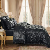 Bedbay Black Satin Comforter Queen Pinch Pleat Bedding Silk Like Satin Ruffled Duvet Set 4 Pcs with Black Ruffle Silky Body Pillow Cover Aesthetic Room Decor Luxury Satin Bedding Set for All Season Bedbay