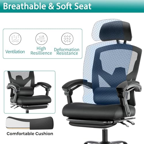 DUMOS Home Office Desk Chair with Footrest, High-Back Mesh Rolling Swivel Reclining Chairs with Wheels, Comfortable Headrest, Lumbar Support, Comfy Arms for Home, Office, Gaming, Student, Inky DUMOS