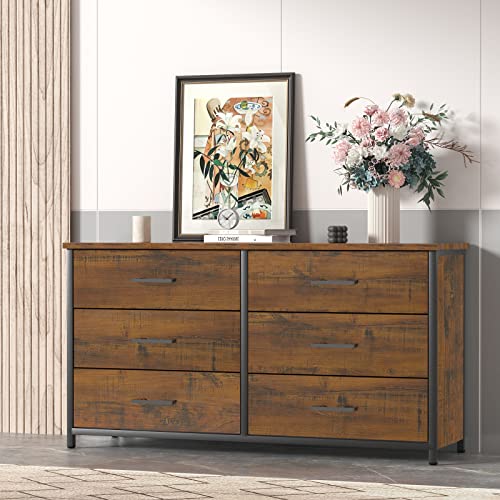 IKENO 6 Drawer Double Dresser, Industrial Wood Dresser for Bedroom, Storage Cabinet with Sturdy Steel Frame IKENO