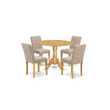 East West Furniture DLAB5-OAK-04 5 Piece Dinette Set for 4 Includes a Round Dining Room Table with Dropleaf and 4 Light Tan Linen Fabric Parsons Dining Chairs, 42x42 Inch, Oak East West Furniture