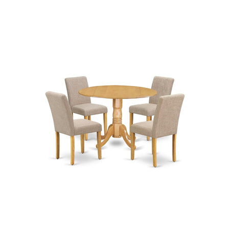 East West Furniture DLAB5-OAK-04 5 Piece Dinette Set for 4 Includes a Round Dining Room Table with Dropleaf and 4 Light Tan Linen Fabric Parsons Dining Chairs, 42x42 Inch, Oak East West Furniture