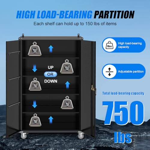 Yeeoy Wide & Deep Metal Garage Storage Cabinet with Pegboard & Adjustable Shelves, Lockable Storage Cabinet with Wheels, Tool Organization Cabinets for Office Garage Shop, 43''W x 22''D x 72''H Yeeoy