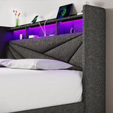 Driftalia Queen Bed Frame with 4 Storage Drawers, Upholstered Bed Frame Queen Size with LED Lights Headboard and Charging Station, No Box Spring Needed, Easy Assembly - Dark Grey Driftalia