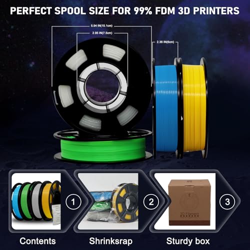 YOUSU 3D Printer Filament Bundle, Glow in The Dark Filament Multicolor, Green, Blue, Yellow and Rainbow PLA Filament 1.75 mm, Dimensional Accuracy +/- 0.03 mm, 250g X 4 Pack - WoodArtSupply