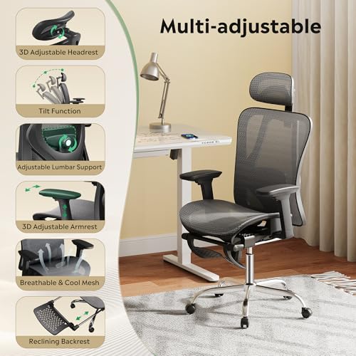 DEVAISE Ergonomic Mesh Office Desk Chair, Retractable Footrest and Adjustable Lumbar Support, Comfy High Back Reclining Computer Gaming Chair, Tilt Function, Heavy Duty, SGS Class 4 Gas Lift, Grey DEVAISE