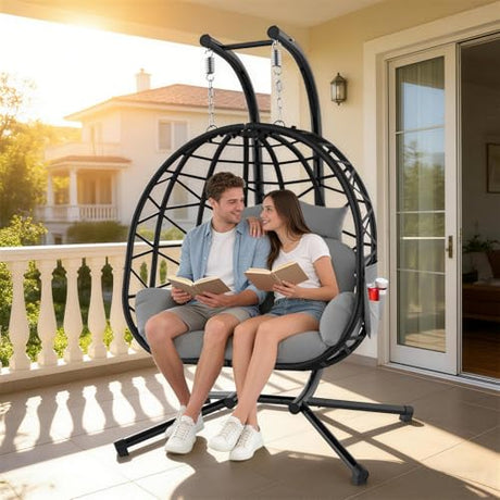 Suteck Double Hanging Egg Chair with Stand, Outdoor Indoor 2 Person Wicker Egg Swing Chair with Cushion, 700lbs Capacity for Patio, Bedroom, Garden - Black Suteck
