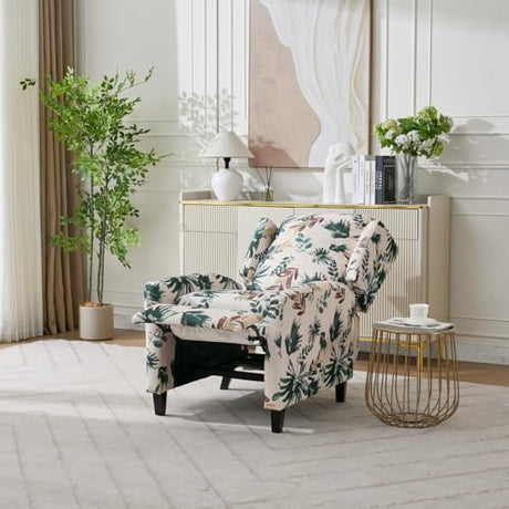 KISSLIVE Push Back Recliner Chair with High Back, Blue Floral Print Fabric Upholstery, Classic Wing Back Design, 250 LBS Capacity (Beige) KISSLIVE