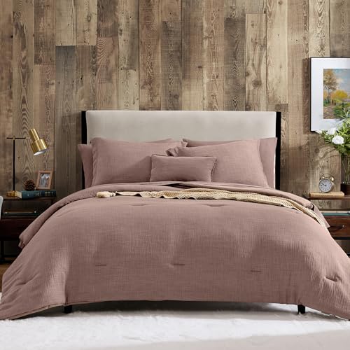 Geniospin King Size Comforter Set- 7 Piece Misty Rose Textured King Bedding Set, Soft Solid Bed in a Bag for All Season, King Comforter Set with Sheets(Misty Rose,102''x90'') Geniospin
