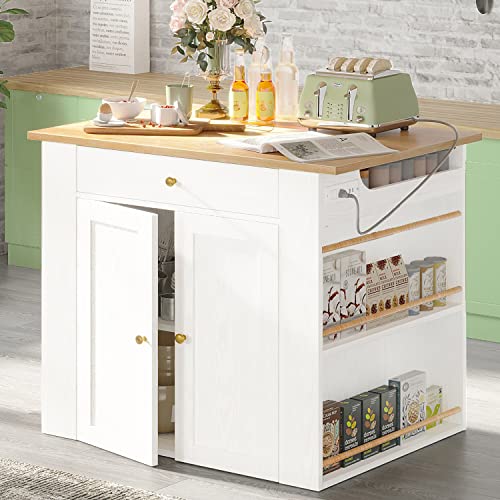 IRONCK Kitchen Island with Storage, Large Organized Storage Space with Power Strip, 2-Door Cabinet and 2 Open Shelves/Dual Side Drawers/5 Open Spice Racks, 29.5" D x 39.4" W x 37.8" H, White