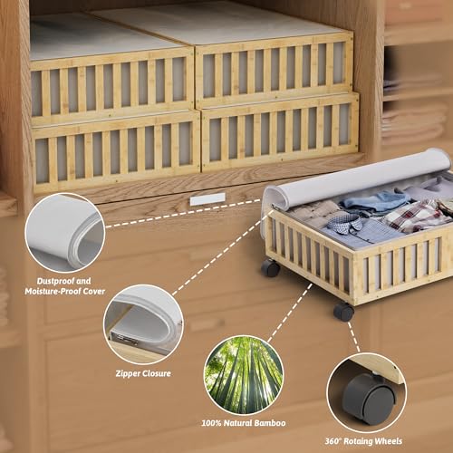 Bamboo Under Bed Storage Containers with Wheels, 2 Pack Under the Bed Shoe Storage Bins, Wood Rolling Underbed Drawers with Bag Organizer for Bedroom, Sheets Clothes Blanket Comforter, Under Crib Toy MHXW SXPN