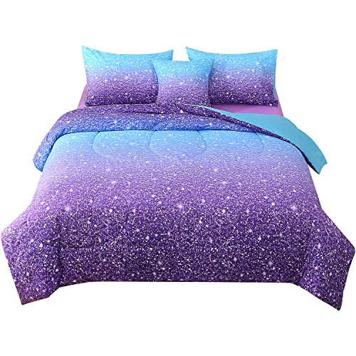 JQinHome Full Blue Purple Comforter Set, 6 Piece Bed in A Bag 3D Colorful Ombre Bedding Set for Girls Women (1 Comforter,2 Pillowcases,1 Flat Sheet,1 Fitted Sheet,1 Cushion Cover)(Blue Purple) JQinHome