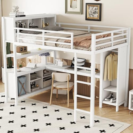 Bellemave Full Metal Loft Bed with Wardrobe, L-Shaped Desk, Storage Cubes and Shelves, Heavy Duty, White Bellemave