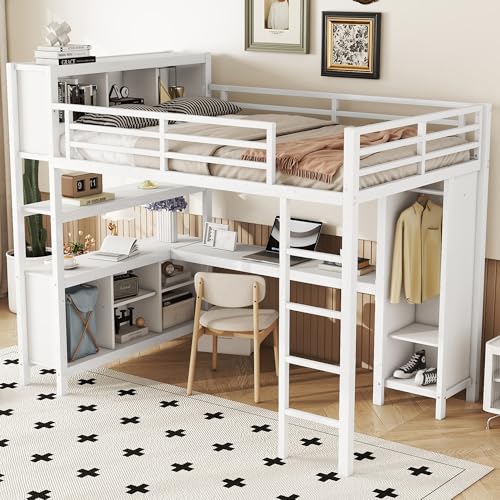 Harper & Bright Designs Full Loft Bed with Desk, Metal Loft Beds with Storage Shelves, Desk, and Wardrobe, Heavy-Duty Loft Bed Frame for Kids, Teens, Adults, Space-Saving and Noise-Free Design, White Harper & Bright Designs