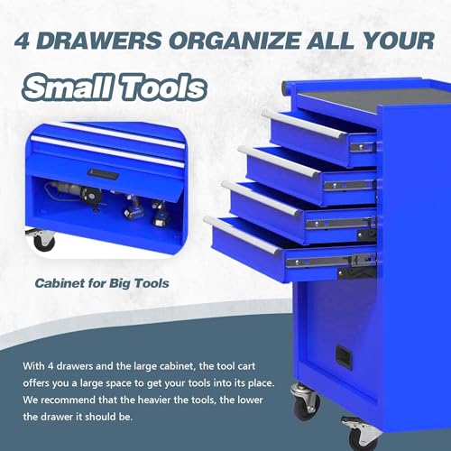 SumKea 4-Drawer Rolling Tool Chest, 24.26" Cabinet with 4 Wheels Tool Chest with Drawers, Suitable for Garages, Warehouses, Workshops, Repair Shops, Blue - WoodArtSupply