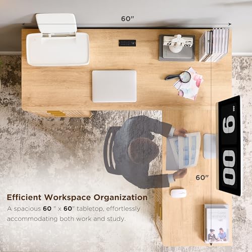 T4TREAM 60'' Fluted Executive L Shaped Desk, Modern Home Office Desk with Charging Station and File Drawer, Computer Corner Desks with Drawers & Storage Cabinet for Office Home, Bedroom, Natural Oak T4TREAM
