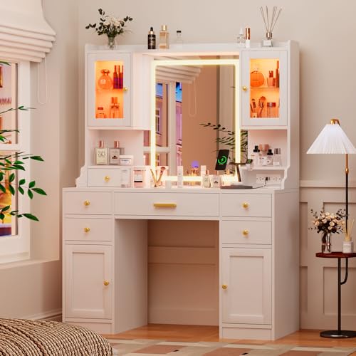 White Vanity Desk with Mirror, Lights and Charging Station - Large Makeup Table Set with RGB Cabinets and 3 LED Light Modes - WoodArtSupply