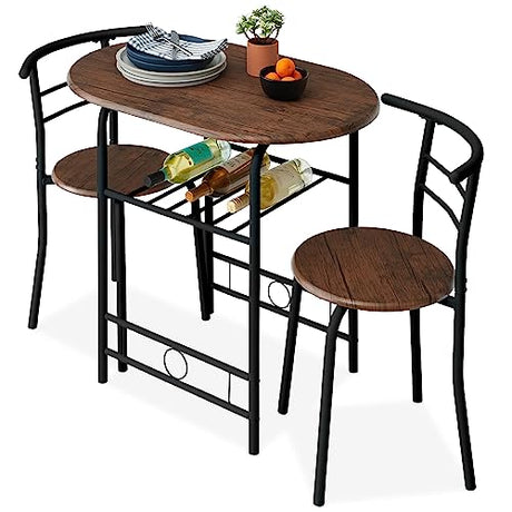 Best Choice Products 3-Piece Wooden Round Table & Chair Set for Kitchen, Dining Room, Compact Space w/Steel Frame, Built-in Wine Rack - Black/Brown Best Choice Products