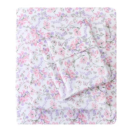 Mooreeke Cozy Vintage Microfiber Printed Queen Sheet Set - Soft Breathable Percale Cotton Floral Bed Sheets with Deep Pocket - Non-Slip Fitted Design - Pink Purple Flowers Pattern Mooreeke