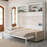 LZ LEISURE ZONE Queen Size Murphy Bed, Wooden Queen Murphy Bed with Sofa, Cushion and Shelves, White LZ LEISURE ZONE