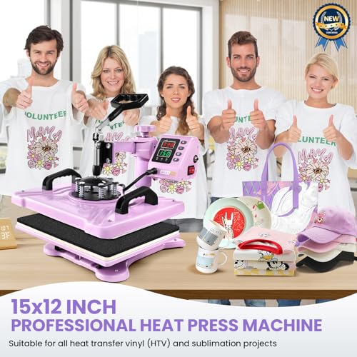 AKEYDIY 8 in 1 Heat Press Machine Professional Sublimation Machine 12" X 15"Swing Away Shirt Printing Heat Transfer Digital Industrial-Quality Heat Press Machine for T Shirts Mug Hat Plate Pink Purple AKEYDIY