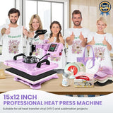 AKEYDIY 8 in 1 Heat Press Machine Professional Sublimation Machine 12" X 15"Swing Away Shirt Printing Heat Transfer Digital Industrial-Quality Heat Press Machine for T Shirts Mug Hat Plate Pink Purple AKEYDIY