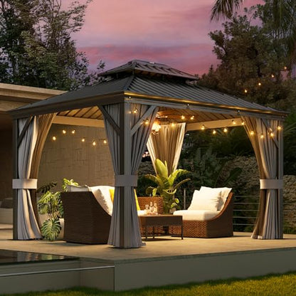 Aoxun 10' x 12' Hardtop Gazebo, Galvanized Steel Double Top, Aluminum Gazebo, Outdoor Metal Gazebo with Privacy Curtains and Mosquito Netting, for Parties, Gardens, Decks, Patios, Lawns