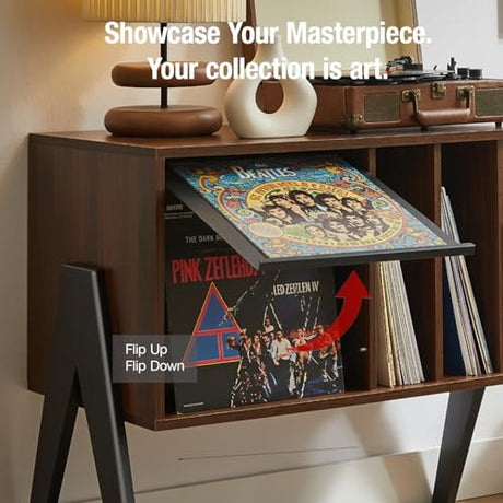 Record Player Stand with Vinyl Storage Cabinet, 32'' Mid Century Modern Turntable Console Table for Albums Display, Heavy-Duty Media Audio Bookshelf for Speakers & Stereo, Black Walnut Wood FurnPulse